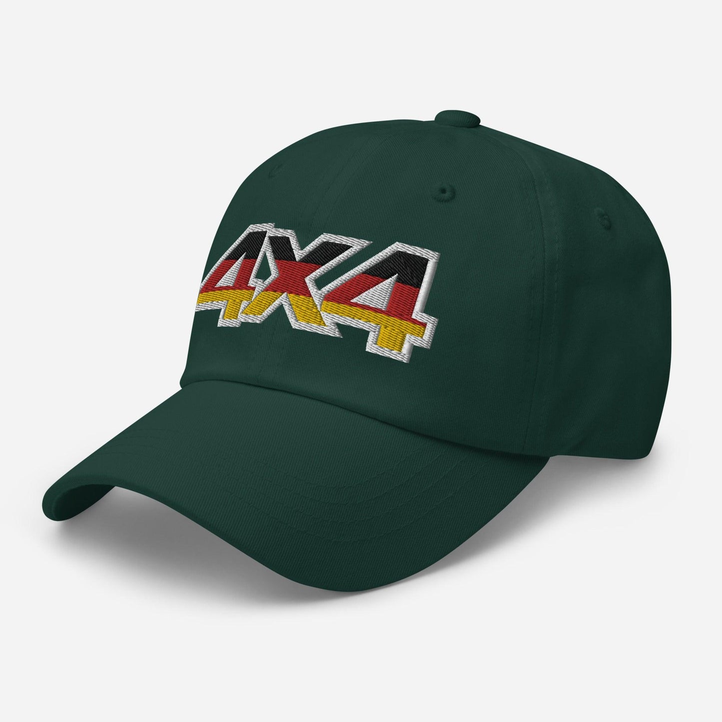 Side view of a spruce green ball cap/dad hat with an embroidery