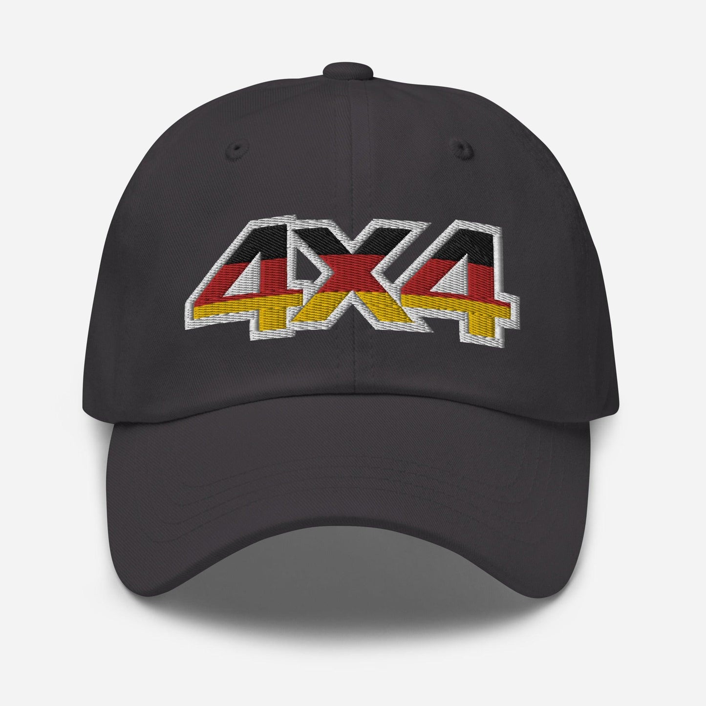 Front view of a dark grey baseball cap/dad hat with a 4x4 Germany embroidery