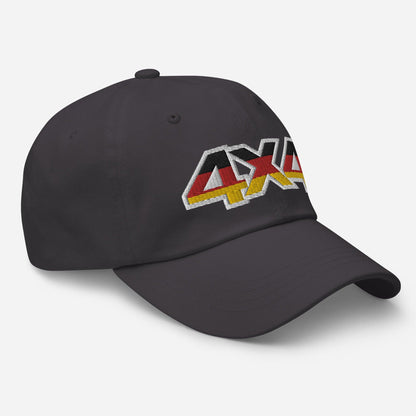 Side view of a dark grey ball cap/dad hat with an embroidery