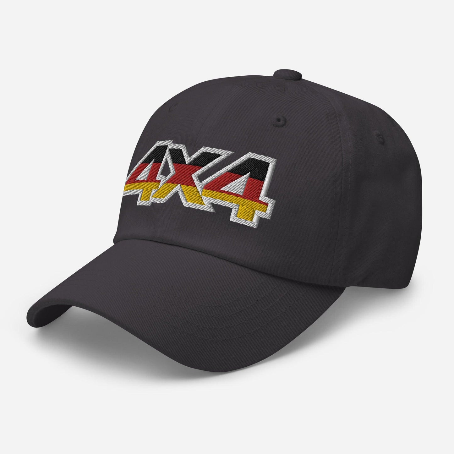 Side view of a dark grey ball cap/dad hat with an embroidery