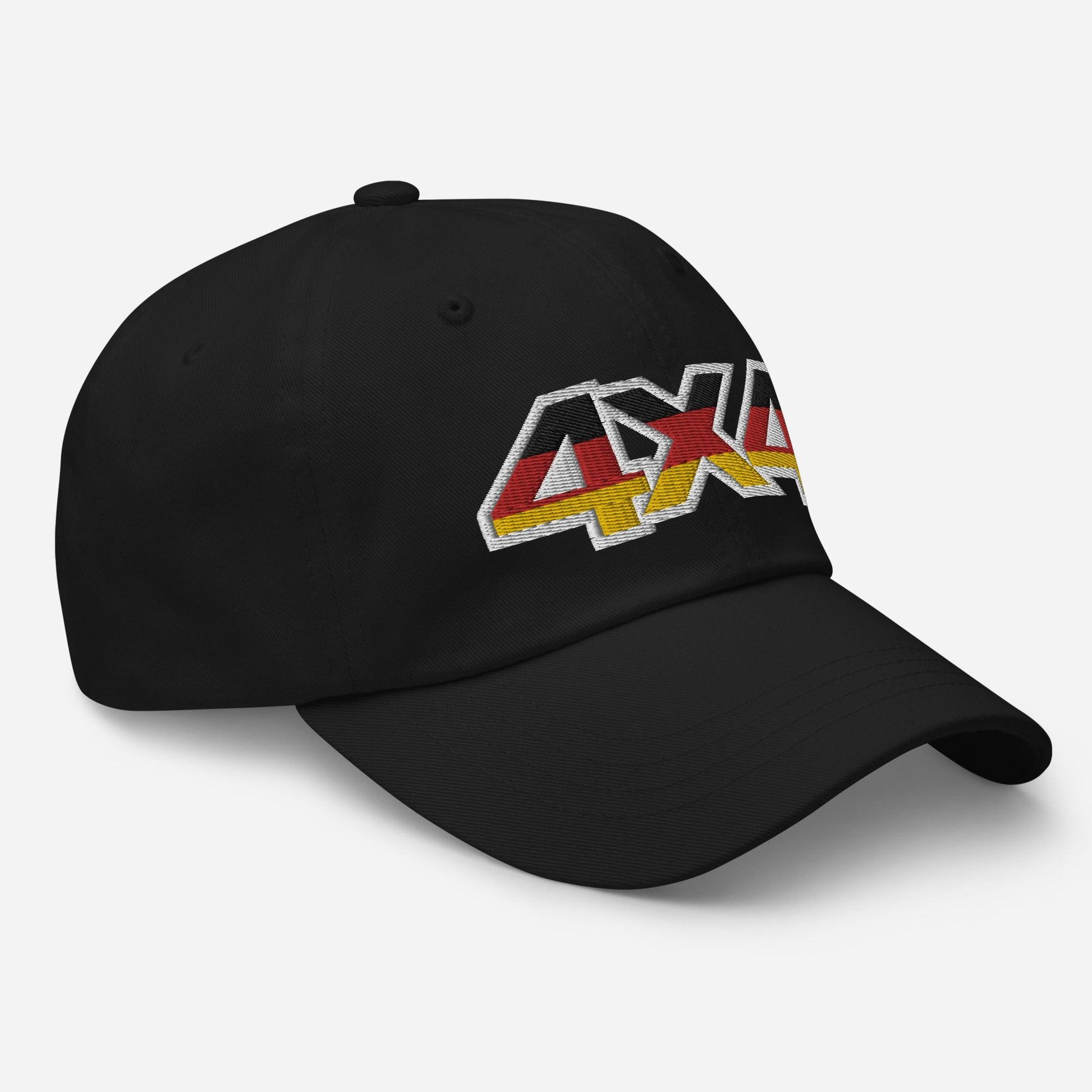 Side view of a black ball cap/dad hat with an embroidery