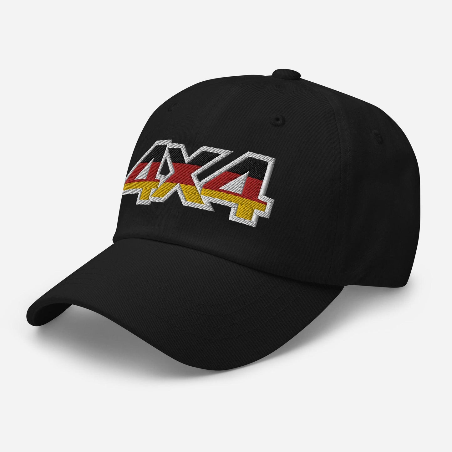 Side view of a black ball cap/dad hat with an embroidery