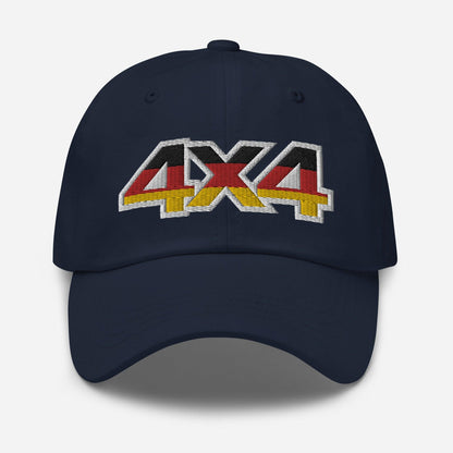 Front view of a navy blue baseball cap/dad hat with a 4x4 Germany embroidery