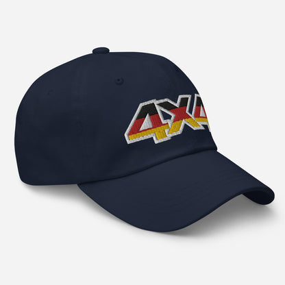 Side view of a navy blue ball cap/dad hat with an embroidery