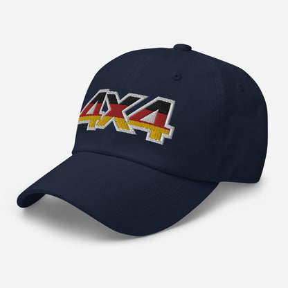 Side view of a navy blue ball cap/dad hat with an embroidery