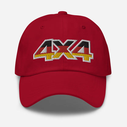 Front view of a red baseball cap/dad hat with a 4x4 Germany embroidery