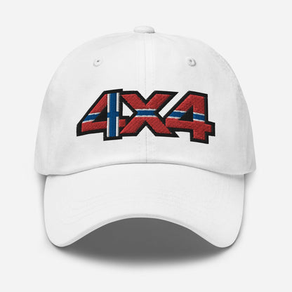 Front view of a white baseball cap/dad hat with a 4x4 Norway embroidery