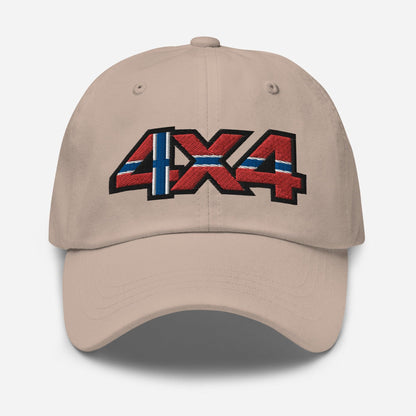 Front view of a stone baseball cap/dad hat with a 4x4 Norway embroidery