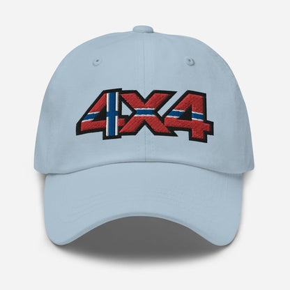 Front view of a light blue baseball cap/dad hat with a 4x4 Norway embroidery