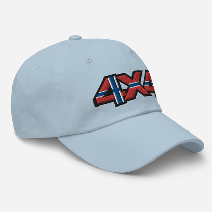 Side view of a light blue ball cap with embroidery