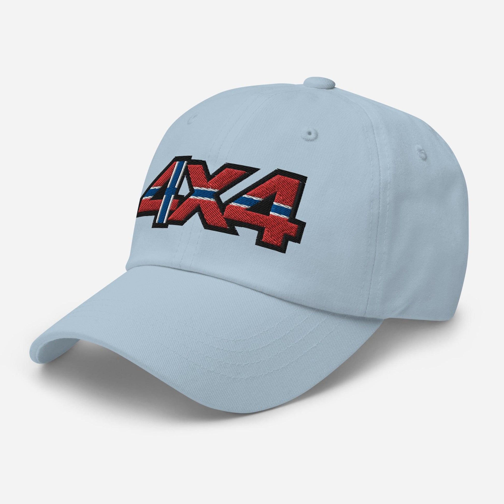 Side view of a light blue ball cap with embroidery