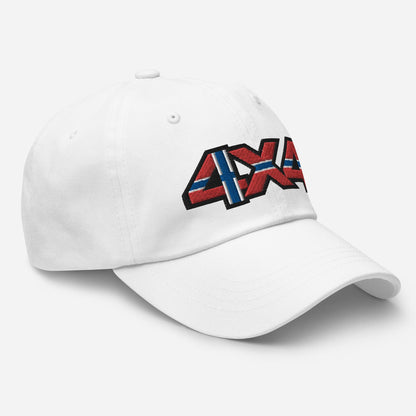 Side view of a white ball cap with embroidery