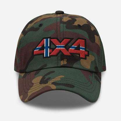 Front view of a camo baseball cap/dad hat with a 4x4 Norway embroidery