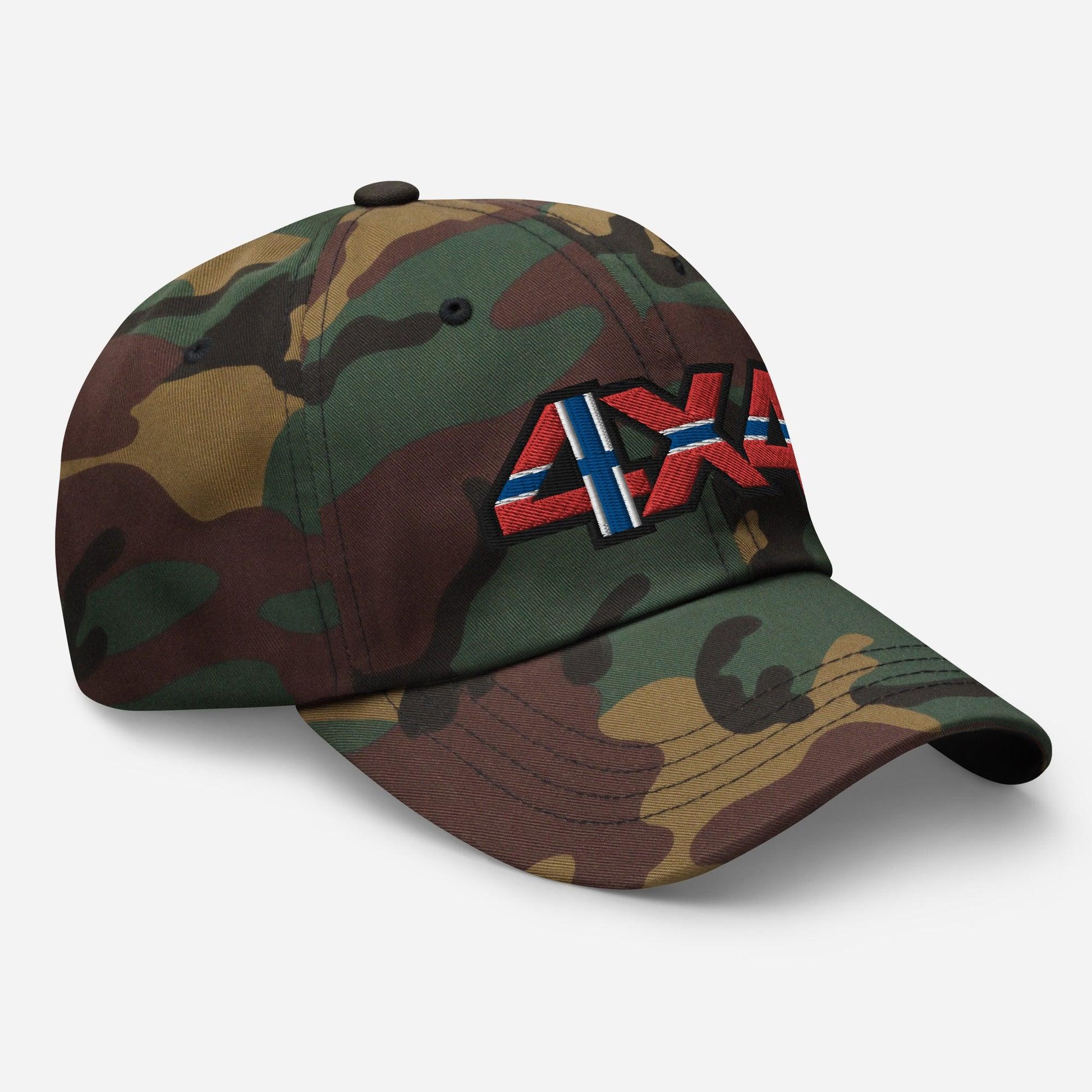 Side view of a camo ball cap with embroidery