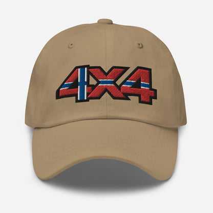 Front view of a khaki baseball cap/dad hat with a 4x4 Norway embroidery