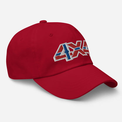 Side view of a red ball cap/hat with an embroidery