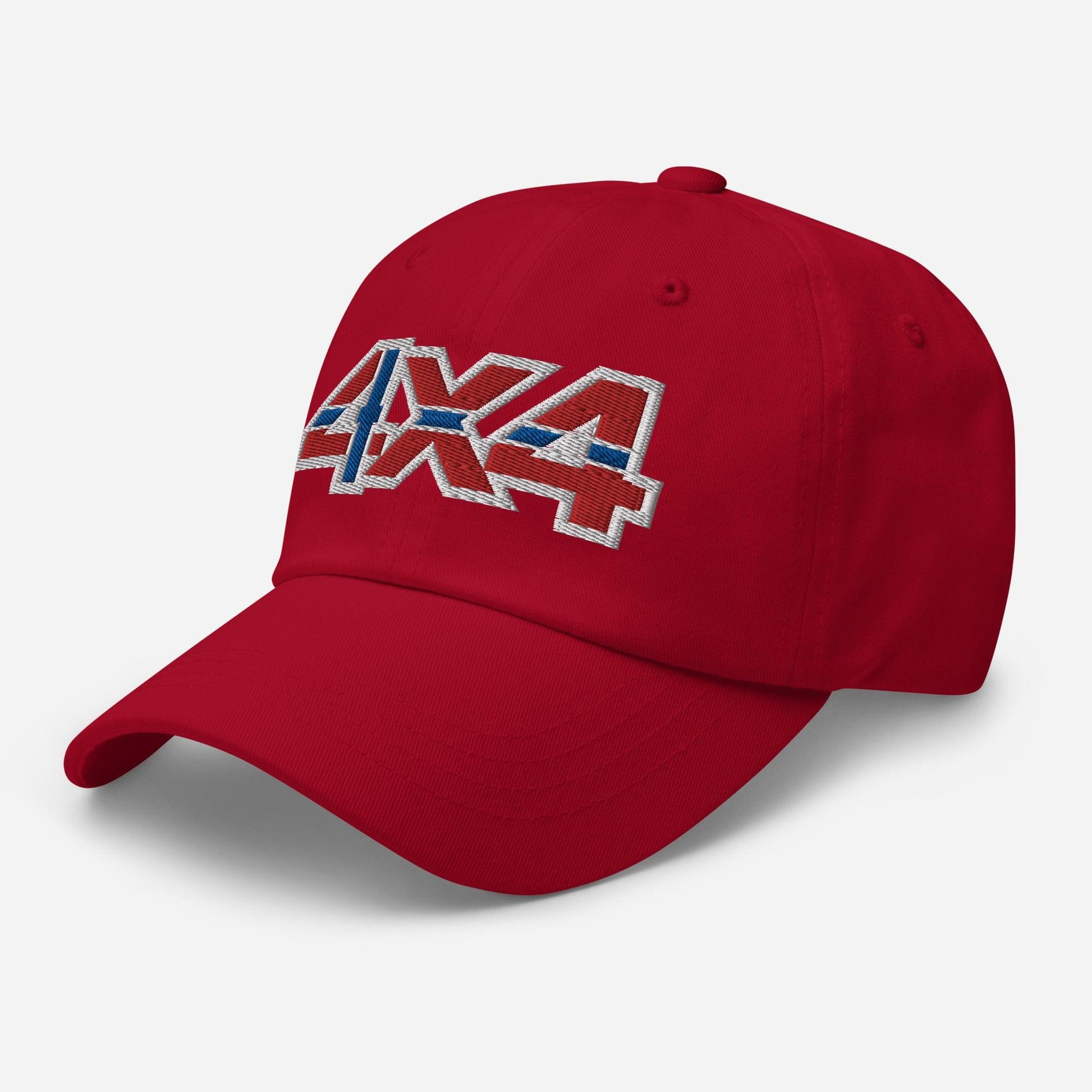 Side view of a red ball cap/hat with an embroidery