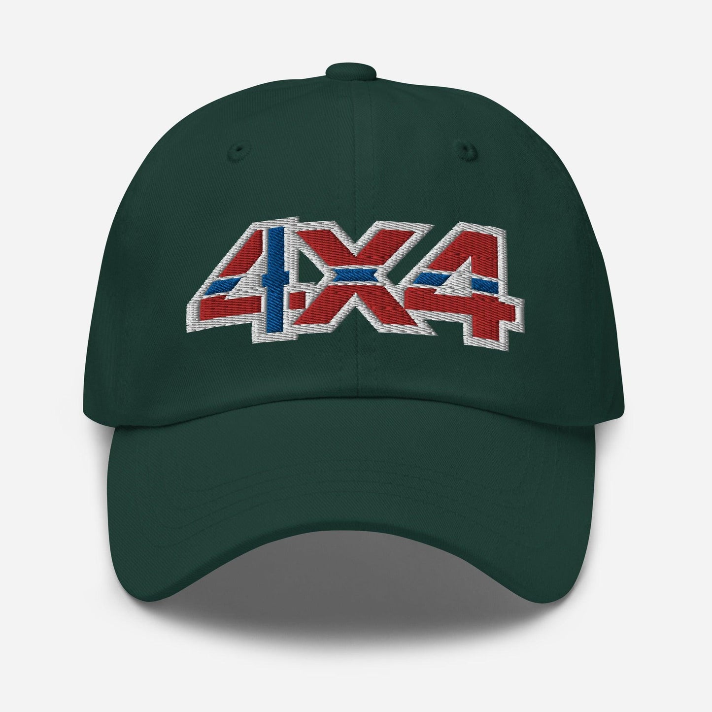 Front view of a spruce green baseball cap/dad hat with a 4x4 Norway embroidery