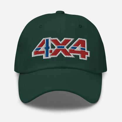 Front view of a spruce green baseball cap/dad hat with a 4x4 Norway embroidery