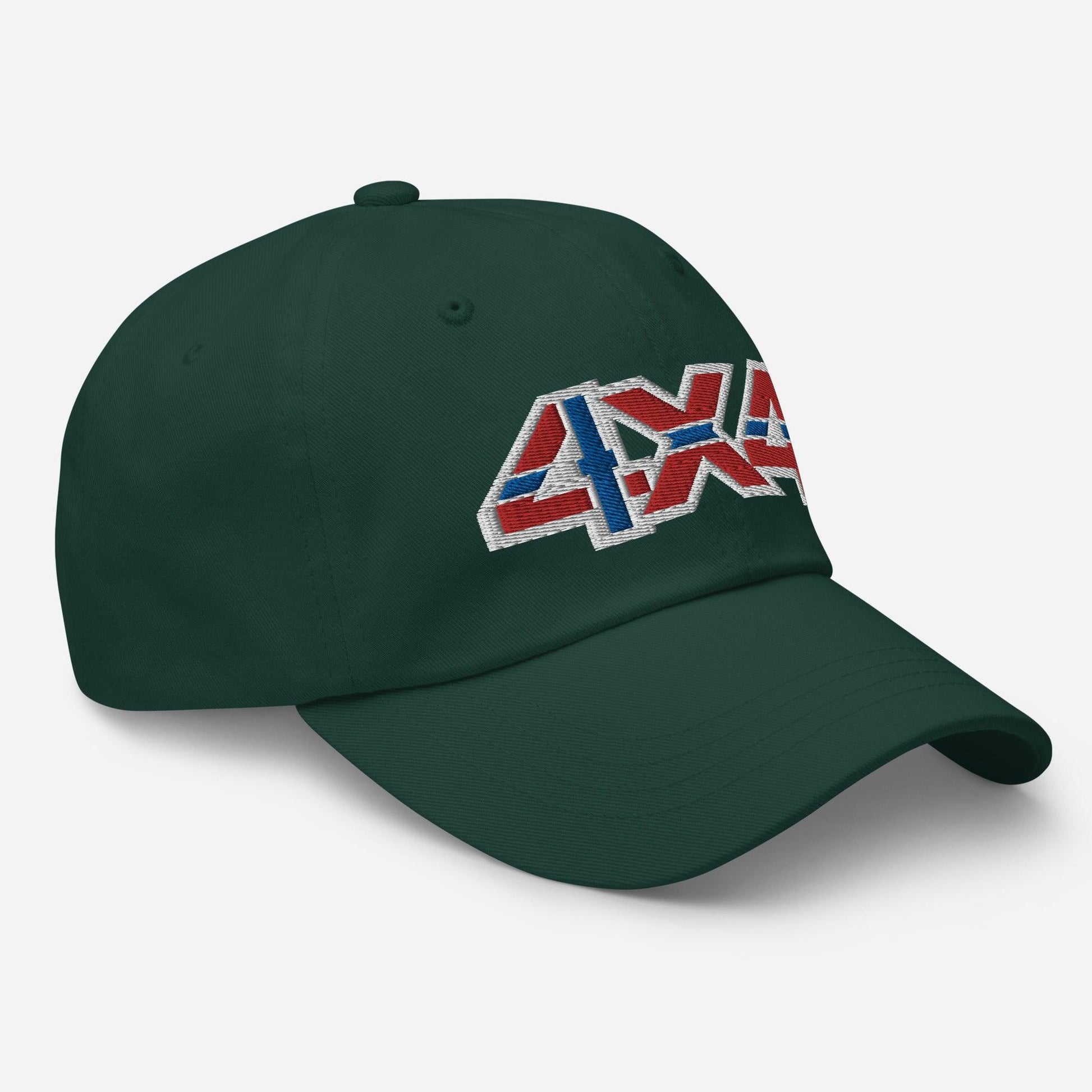 Side view of a spruce green ball cap/hat with an embroidery