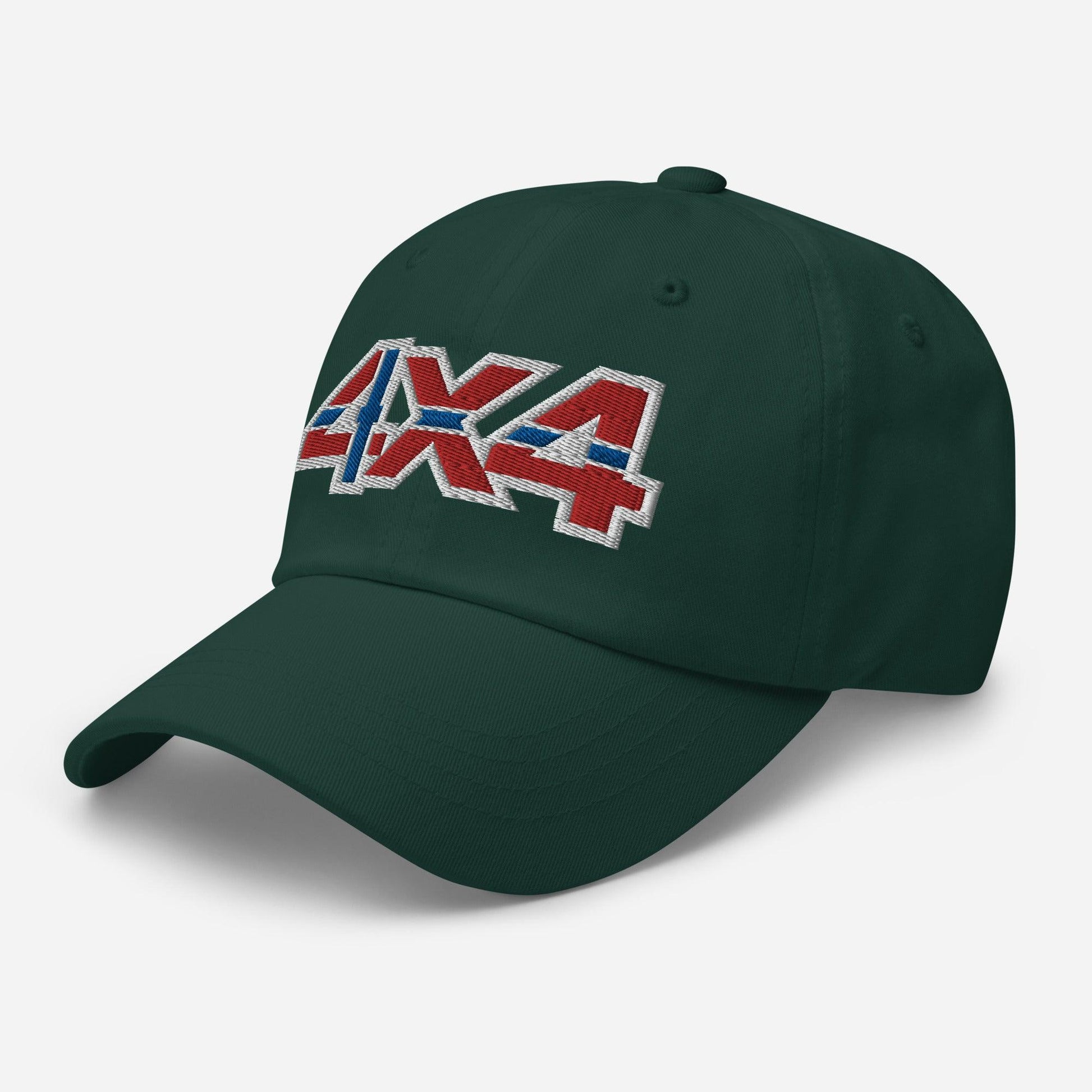 Side view of a spruce green ball cap/hat with an embroidery