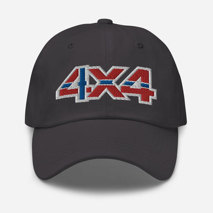 Front view of a dark grey baseball cap/dad hat with a 4x4 Norway embroidery