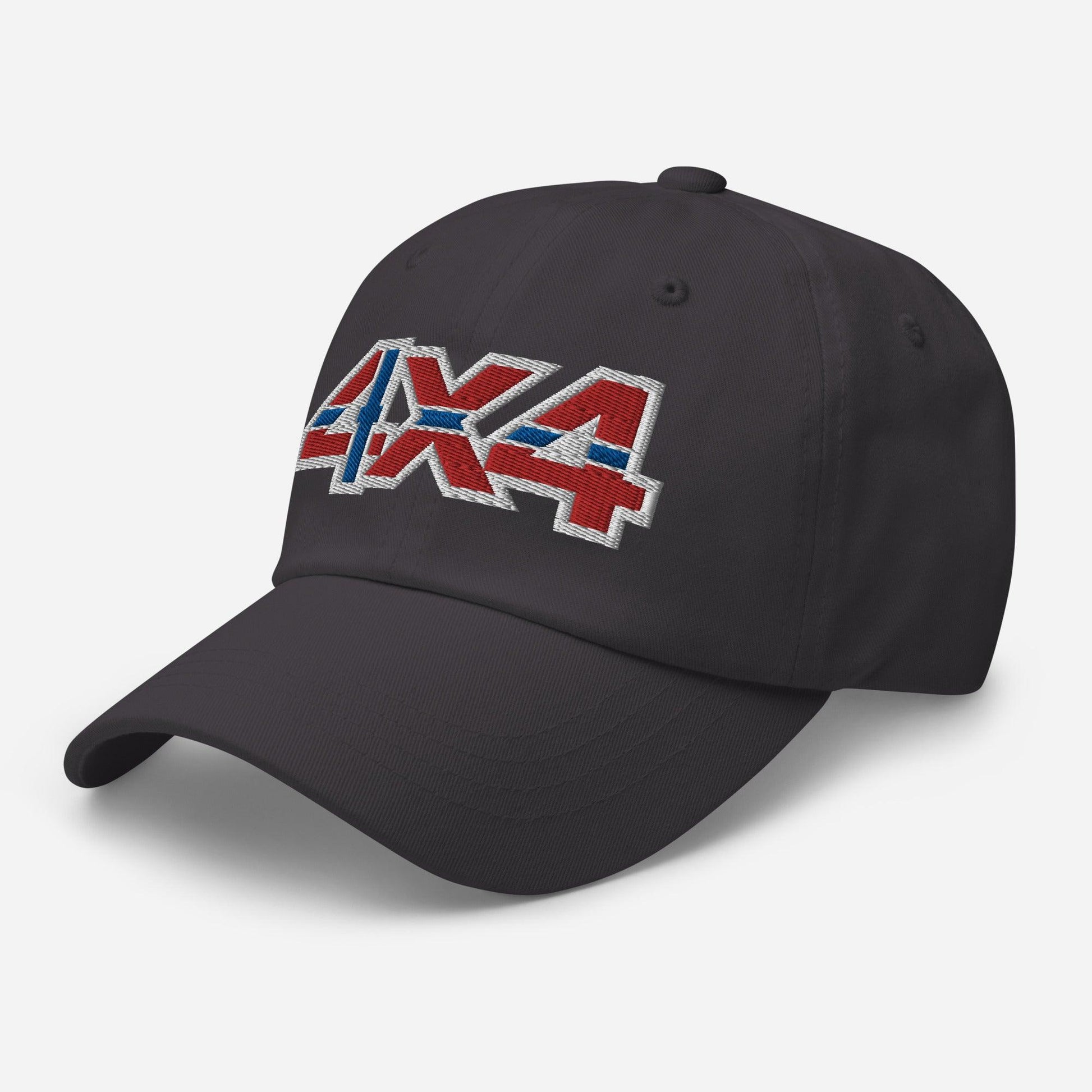 Side view of a dark grey ball cap/hat with an embroidery