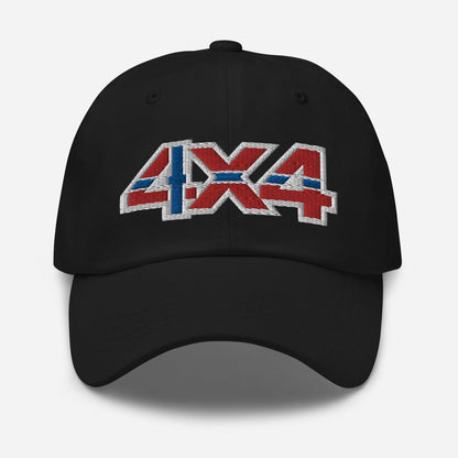 Front view of a black baseball cap/dad hat with a 4x4 Norway embroidery