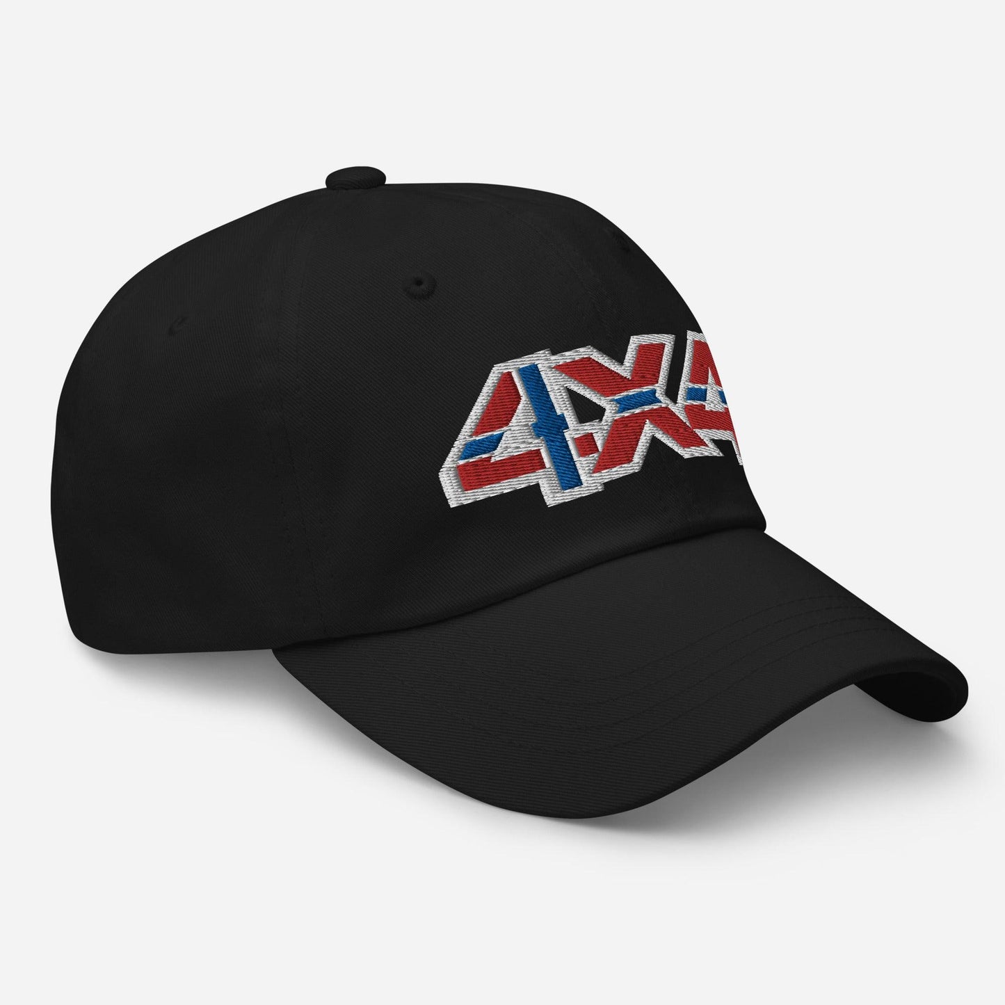 Side view of a black ball cap/hat with an embroidery