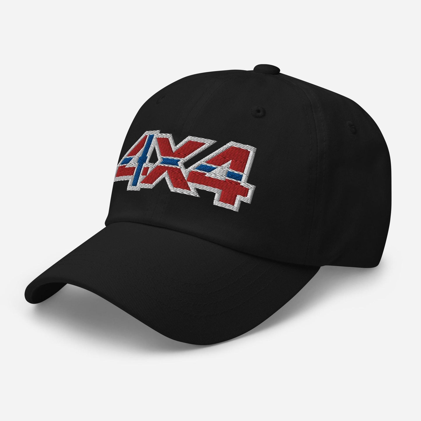 Side view of a black ball cap/hat with an embroidery