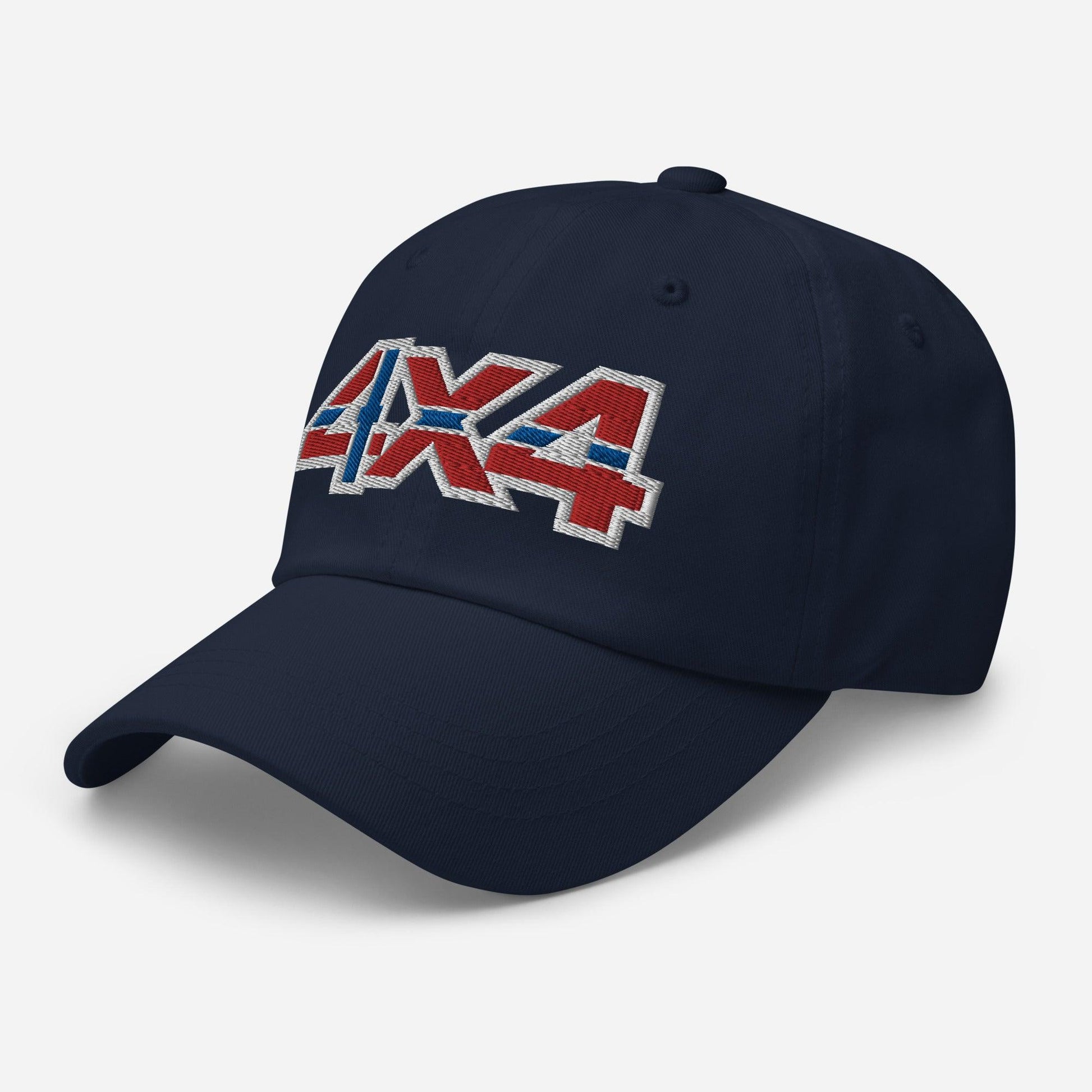 Side view of a navy blue ball cap/hat with an embroidery