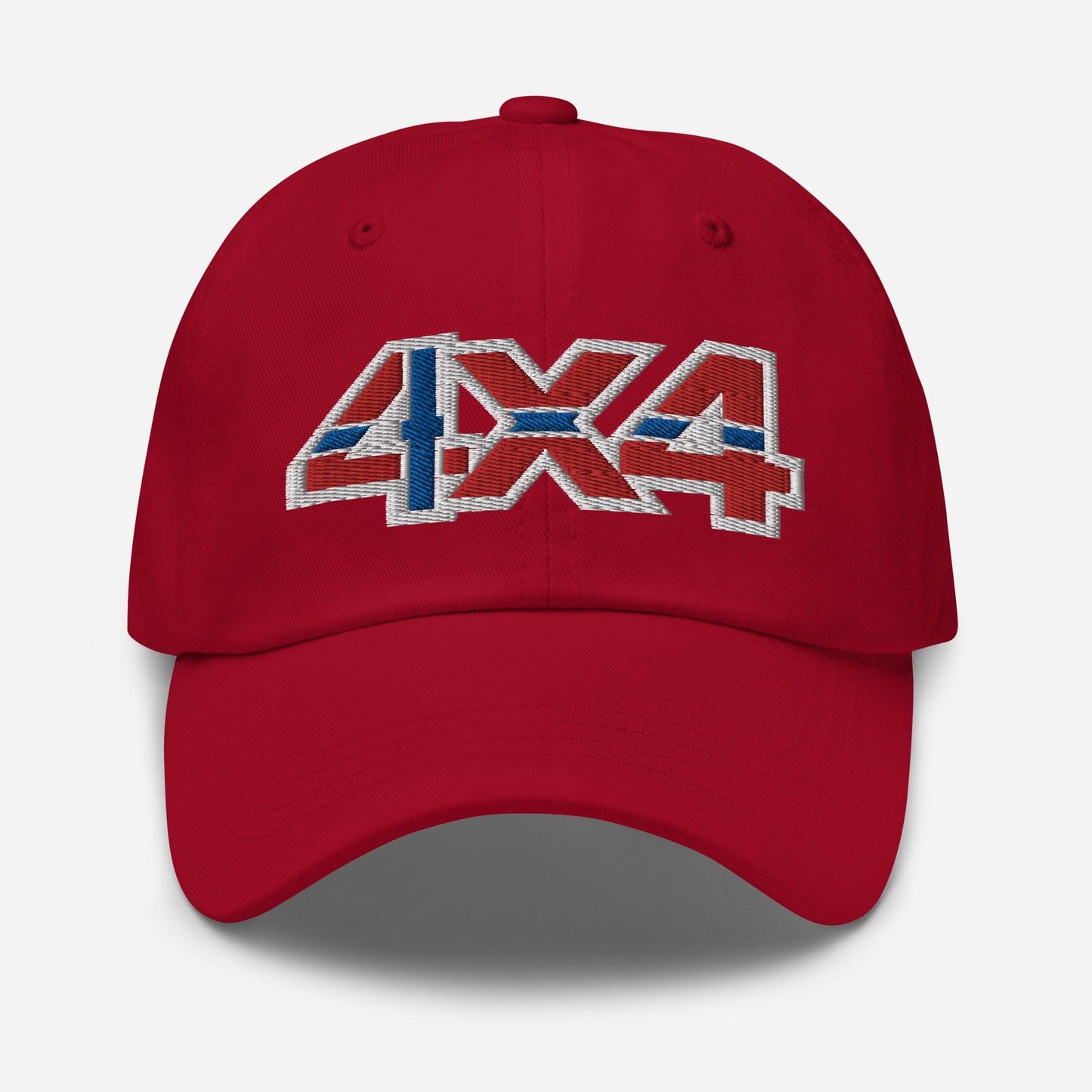 Front view of a red baseball cap/dad hat with a 4x4 Norway embroidery