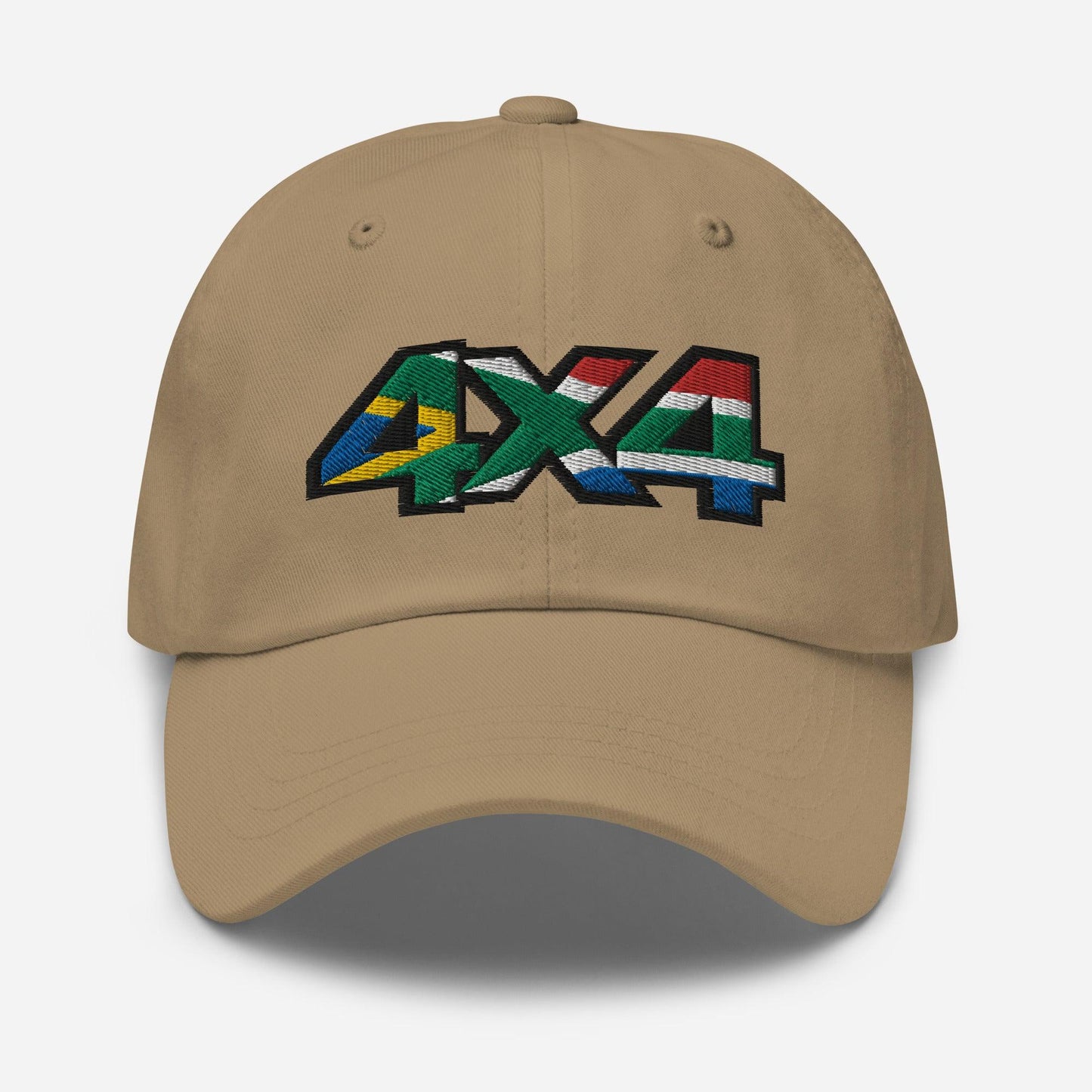 Front view of a khaki baseball cap/dad hat with a 4x4 South Africa embroidery