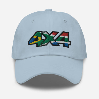 Front view of a light blue baseball cap/dad hat with a 4x4 South Africa embroidery