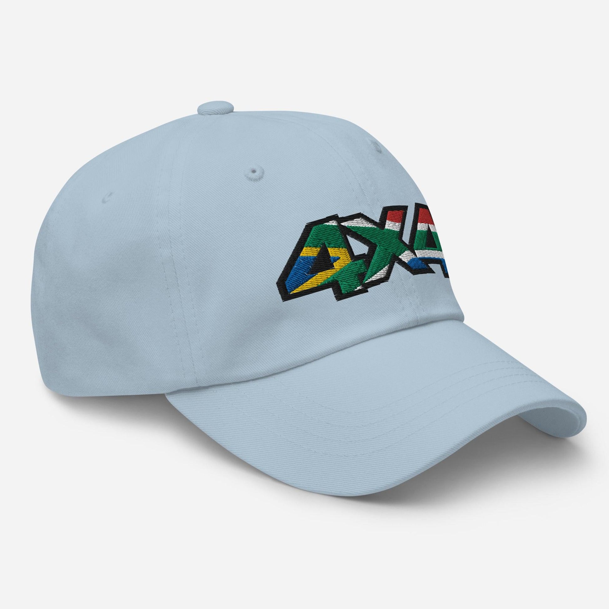 Side view of a light blue ball cap/hat with embroidery