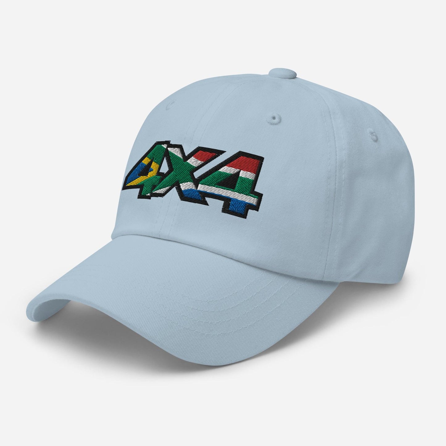 Side view of a light blue ball cap/hat with embroidery