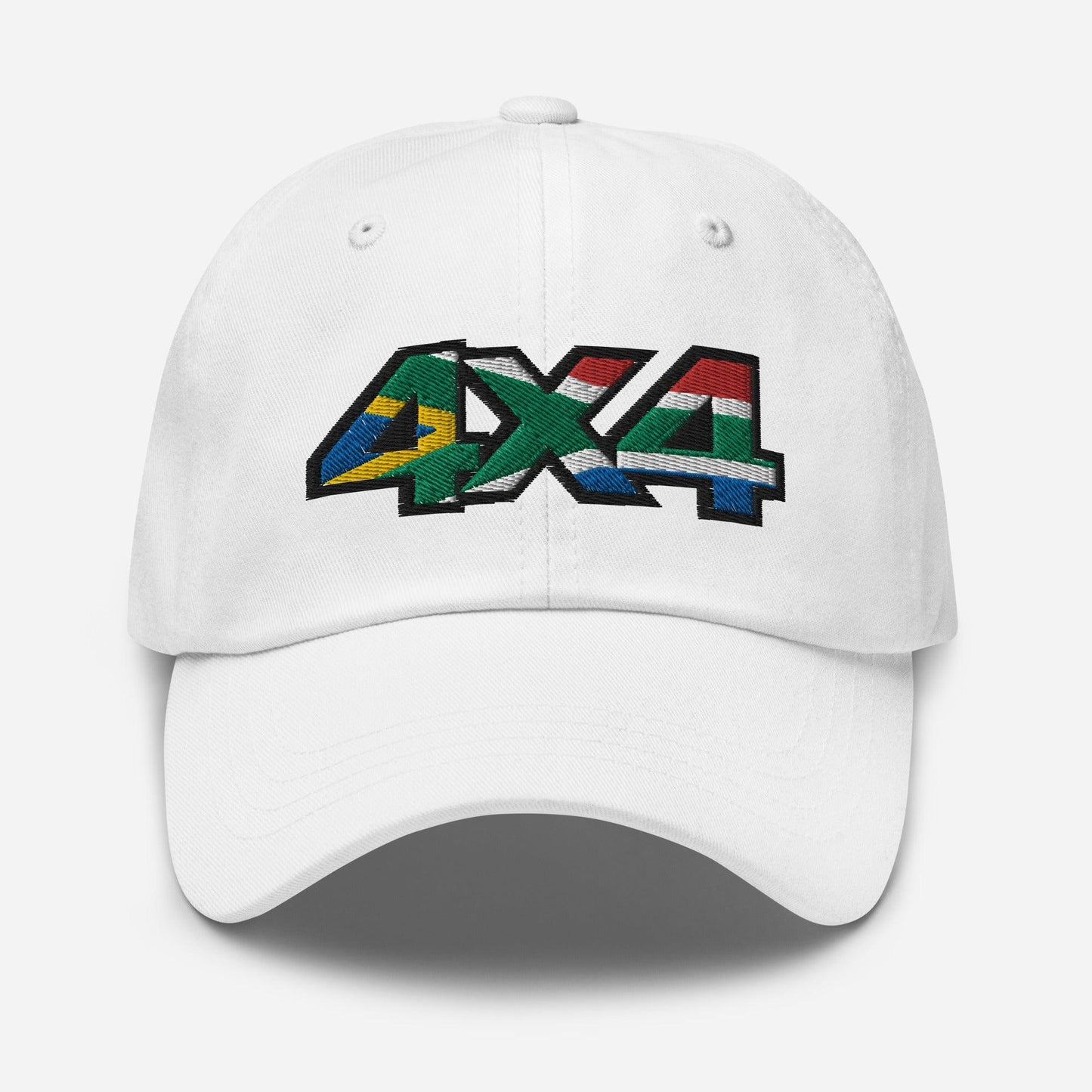 Front view of a white baseball cap/dad hat with a 4x4 South Africa embroidery