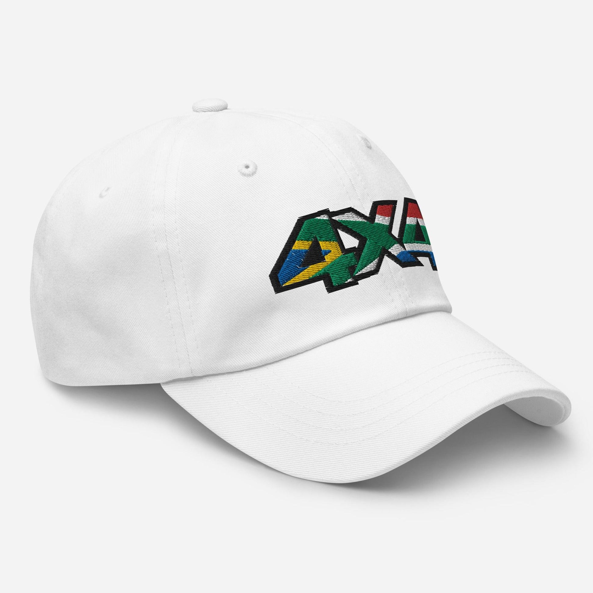 Side view of a white ball cap/hat with embroidery