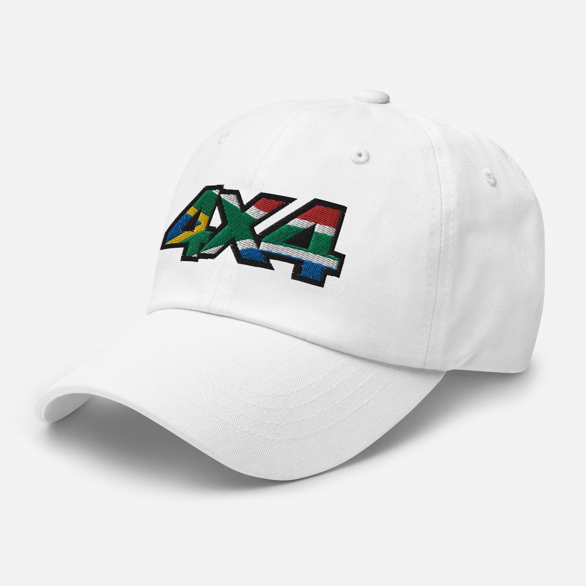 Side view of a white ball cap/hat with embroidery