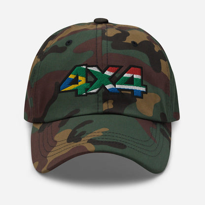 Front view of a camo baseball cap/dad hat with a 4x4 South Africa embroidery