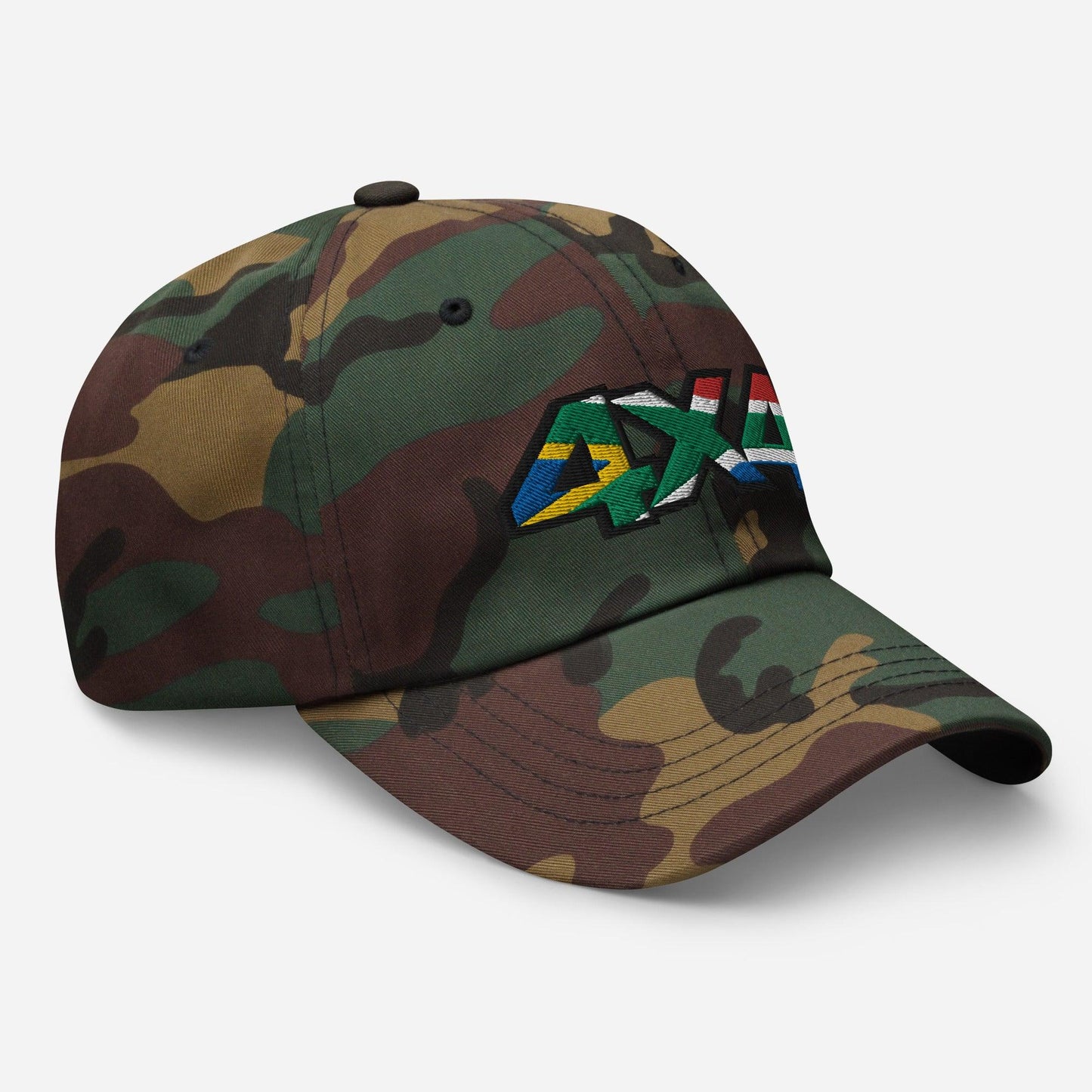 Side view of a camo ball cap/hat with embroidery