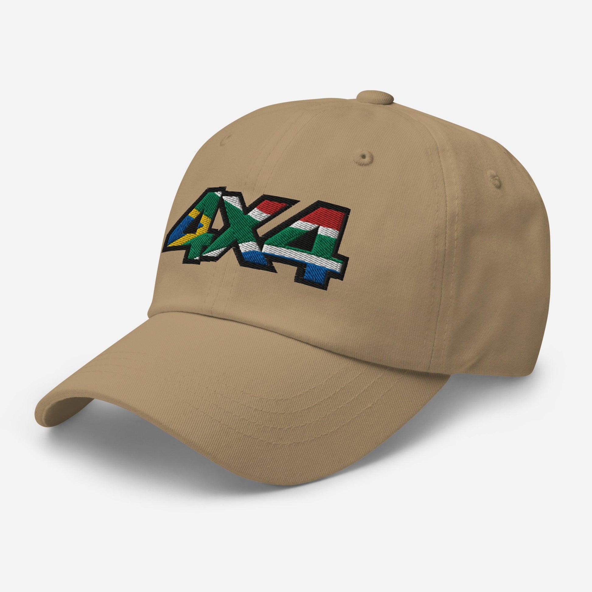 Side view of a khaki ball cap/hat with embroidery