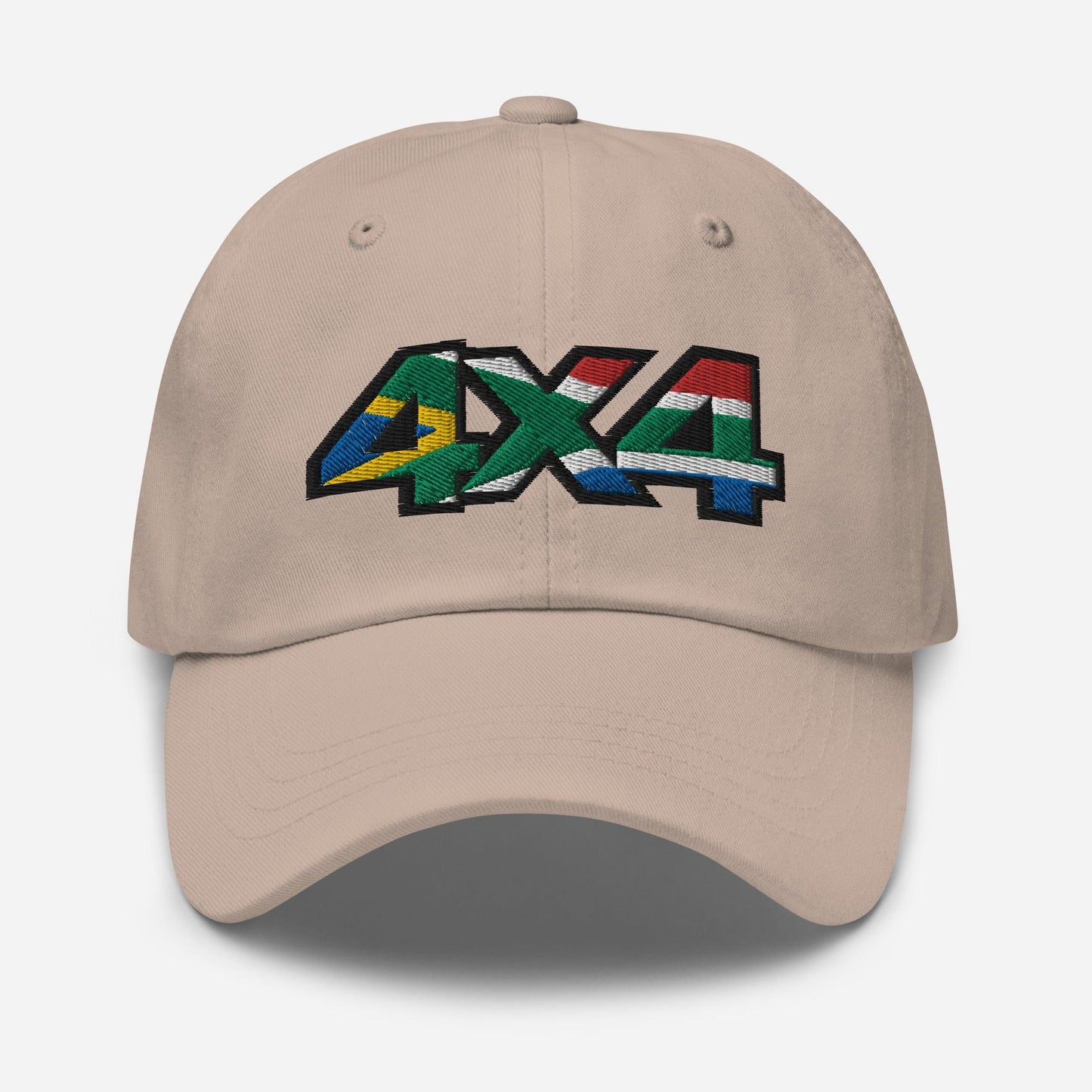 Front view of a stone baseball cap/dad hat with a 4x4 South Africa embroidery