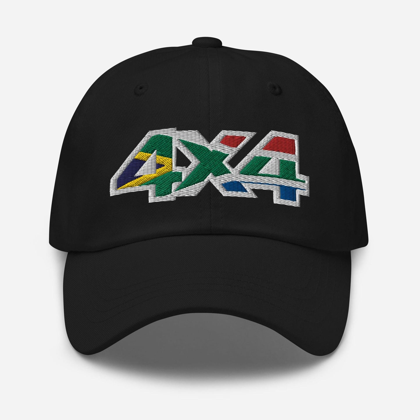 Front view of a black baseball cap/dad hat with 4x4 South Africa embroidery