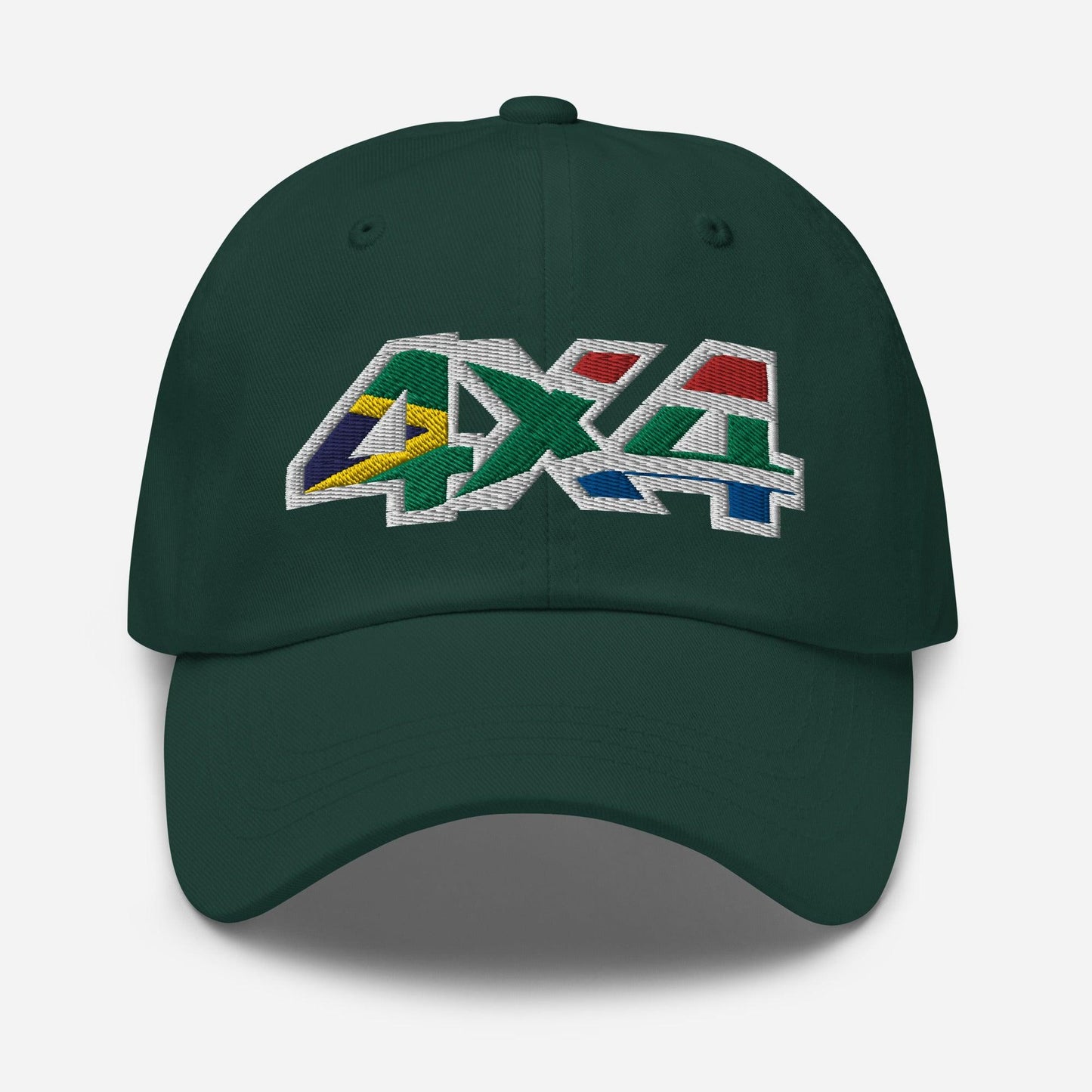 Front view of a spruce green baseball cap/dad hat with 4x4 South Africa embroidery