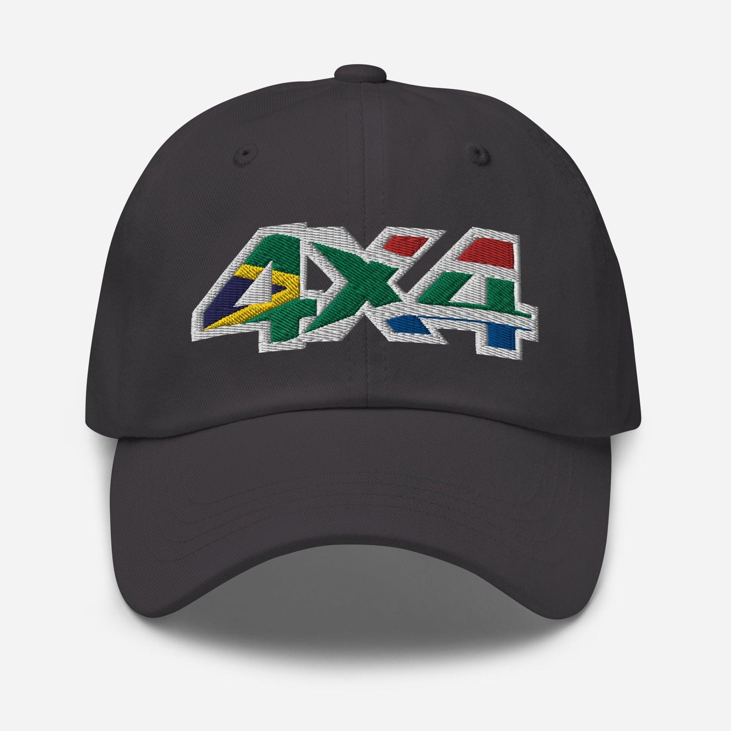 Front view of a dark grey baseball cap/dad hat with 4x4 South Africa embroidery