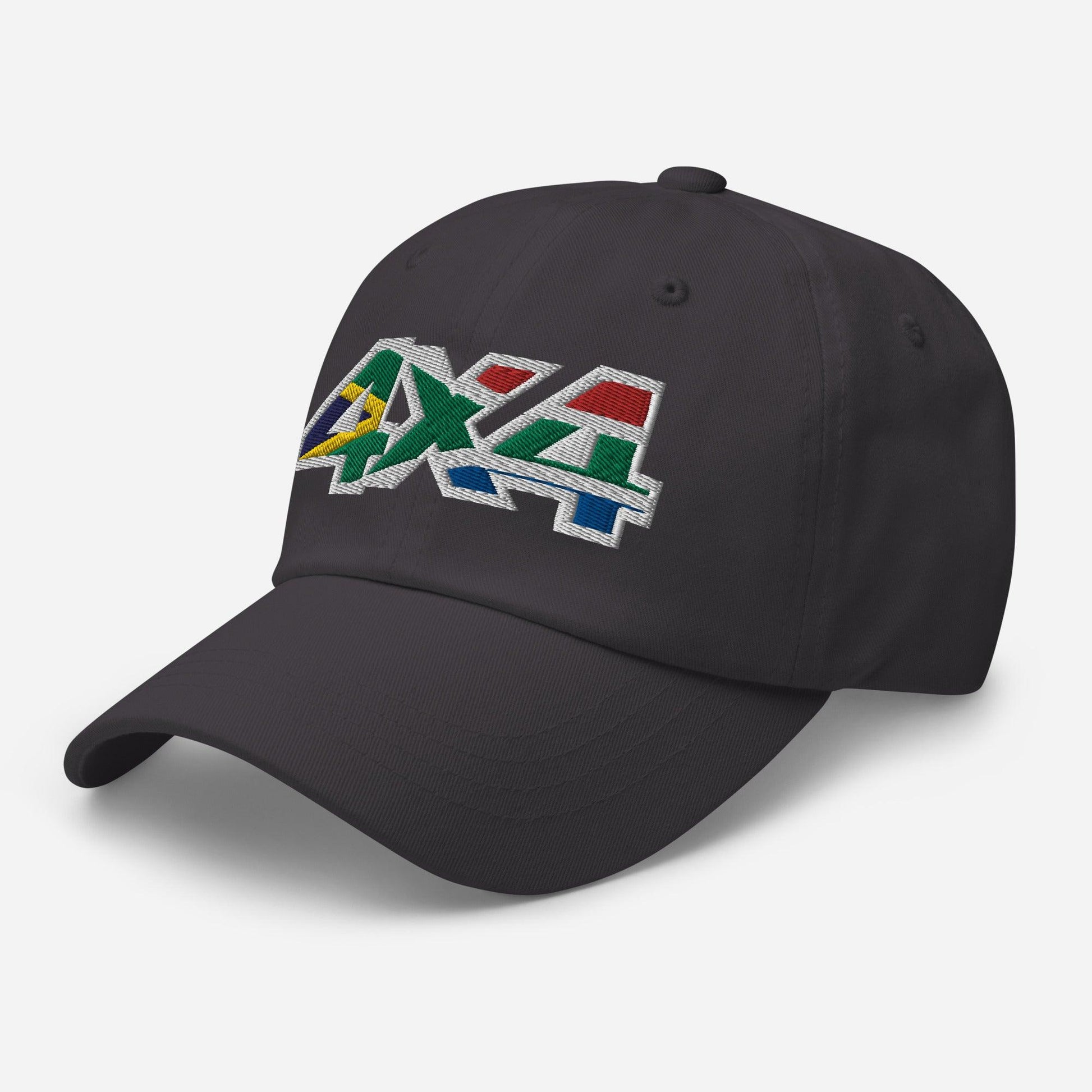 Side view of a dark grey ball cap/hat with embroidery