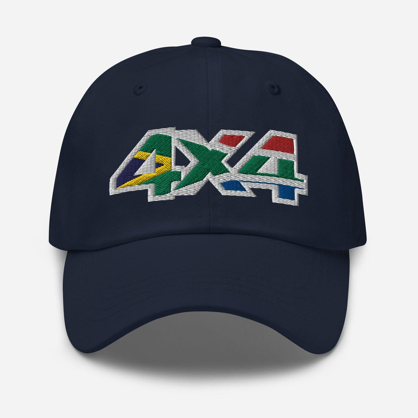 Front view of a navy blue baseball cap/dad hat with 4x4 South Africa embroidery