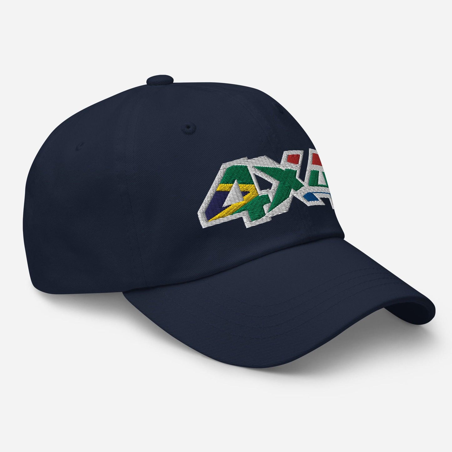 Side view of a navy blue ball cap/hat with embroidery