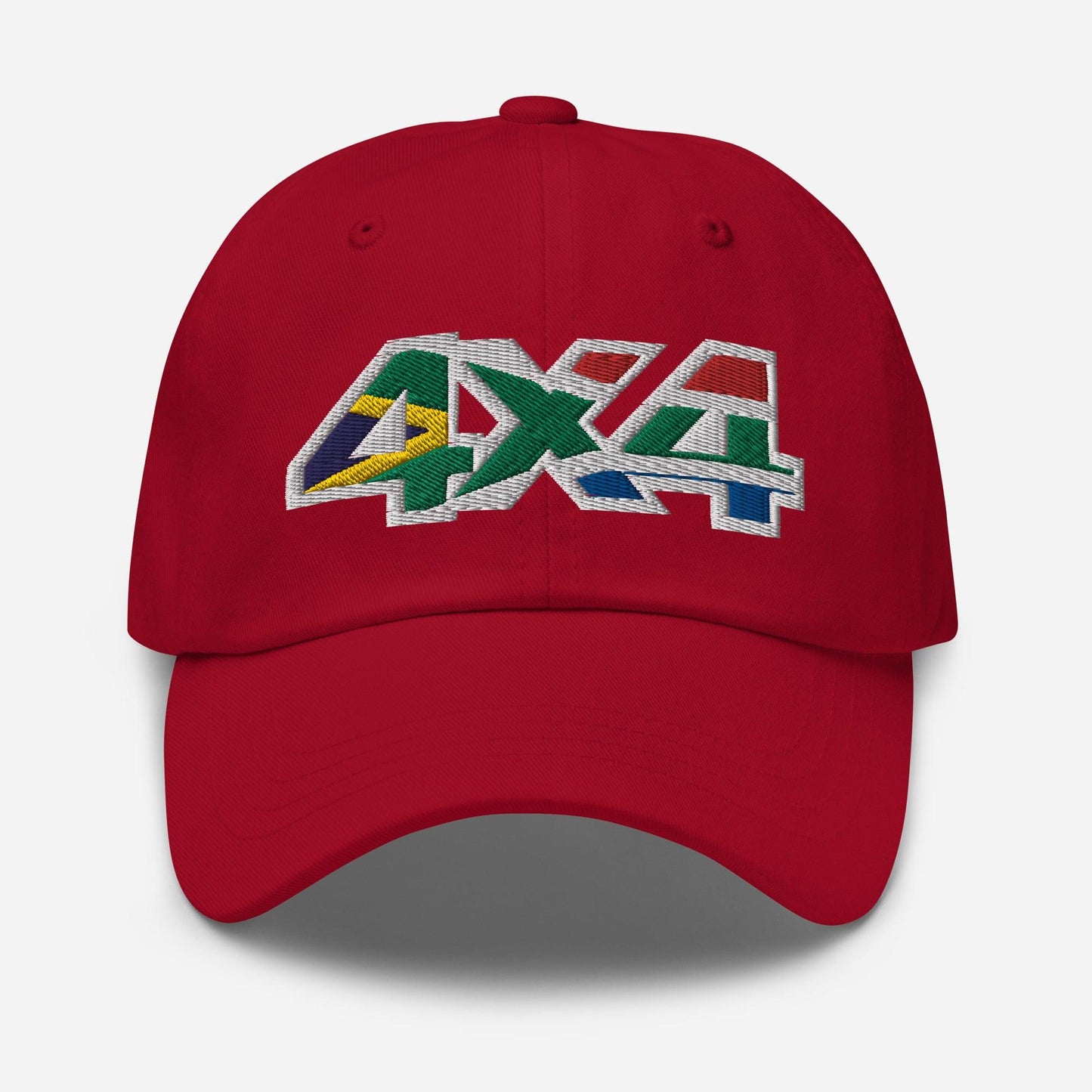 Front view of a red baseball cap/dad hat with 4x4 South Africa embroidery